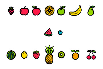 Colorful cute fruit icons set &mdash; hand-drawn simple doodle style apple, orange, banana, cherry, grapes, watermelon, strawberry and pineapple isolated on white background