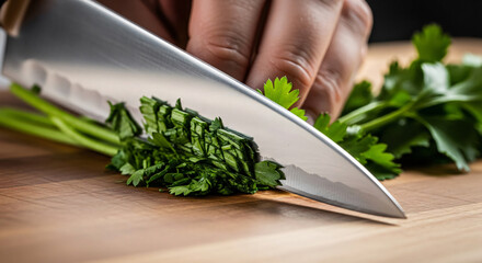 Close-up Chopping Fresh Green Herbs on a Wooden Cutting Board