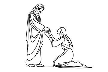 One-line drawing of Jesus lifting and comforting a kneeling woman — minimalist continuous line Christian illustration on white background
