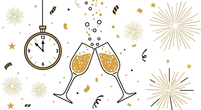 Celebrate New Year's Eve with toasting champagne glasses and fireworks, a joyous moment with confetti and the countdown clock striking midnight