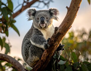 Fototapeta premium Adorable koala, perched on a tree branch, looking directly at the camera