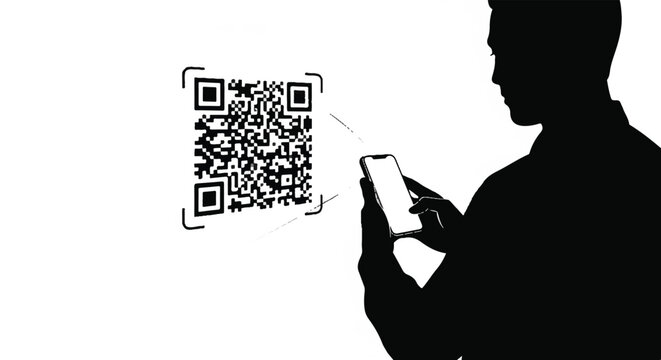 Silhouette of a man scanning a QR code with a smartphone for digital access, a vector illustration