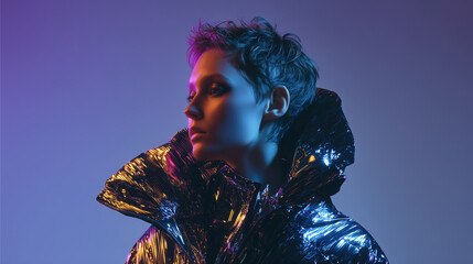 High-fashion futuristic portrait with metallic jacket and neon-inspired lighting. Model in reflective metallic jacket with sculptural collar, cool neon rim lighting, high fashion futuristic aesthetic.