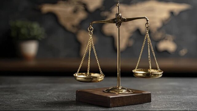 A golden balance scale on a dark wooden base sits on a textured surface with a blurred world map in the background