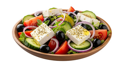Fresh greek salad with feta cheese tomatoes cucumbers and onions in a wooden bowl a healthy mediterranean diet option served on a black background