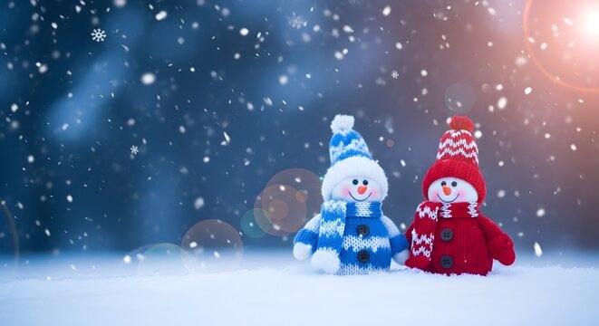 Festive snowmen friends in a winter wonderland with falling snow and lens flare