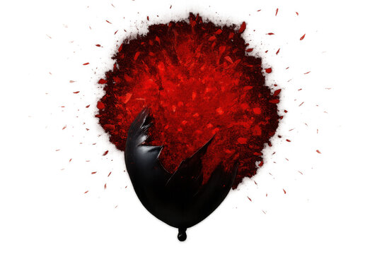 Shattering black heart exploding with red fragments, concept of heartbreak, pain, anger, and emotional suffering, transparent background