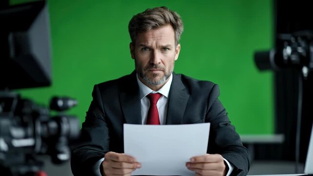A man dressed in a suit and tie is preparing to give the news report on television. He is standing in a studio, reading his notes, in front of a green screen. He appears to be a host or newsreader
