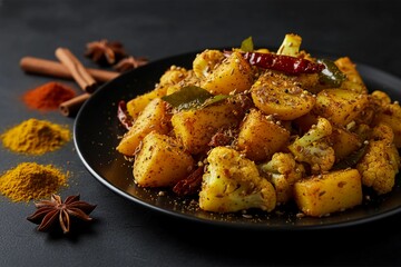 Spiced potatoes and cauliflower dish known as Aloo Gobi topped with seeds curry leaves and herbs on a black plate