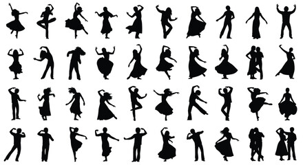 Mega set of dancing people silhouettes, collection of men and women in dynamic, energetic, and expressive dance poses, perfect for party, music, or event design, isolated on white
