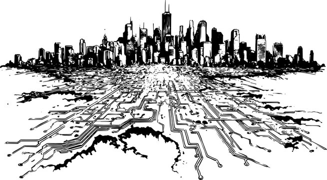 City skyline silhouette with a tech grid design. Abstract black and white vector illustration featuring modern structural elements and flow patterns.