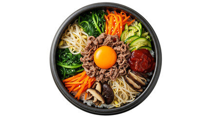 Delicious and Vibrant Bibimbap Korean Mixed Rice Dish Featuring Fresh Vegetables Egg and Seasoned Beef on Black Background a Culinary Delight