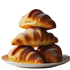 Stacked freshly baked croissants dusted with powdered sugar offer a delicious golden brown bakery pastry treat with layers of buttery flakiness for breakfast or dessert