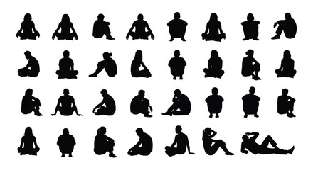 Set of diverse sitting people silhouettes, collection of men and women in  perfect for concepts like relaxation, contemplation, architectural scale, and casual gatherings, isolated on white