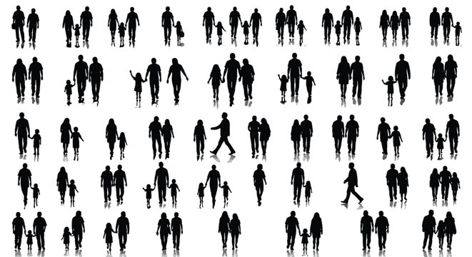 Set of family silhouettes, parents and children walking together, showing various groups and poses, concept for life, travel, architectural scale figures, isolated with reflection