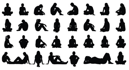 Set of sitting and lying people silhouettes, collection of men and women resting in various ground poses, concept for meditation, relaxation, or architectural scale figures, isolated on white