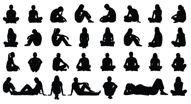 Set of sitting and lying people silhouettes, collection of men and women resting in various ground poses, concept for meditation, relaxation, or architectural scale figures, isolated on white