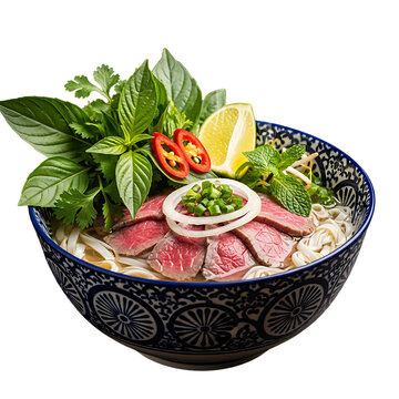 Delicious and authentic Vietnamese pho with tender beef slices fresh herbs and flavorful broth a traditional soup served in a decorative bowl