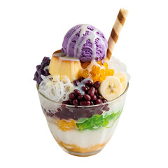 Delicious halo halo dessert with ube ice cream and various tropical fruits layered beautifully inside a glass ready to be consumed in a tropical environment