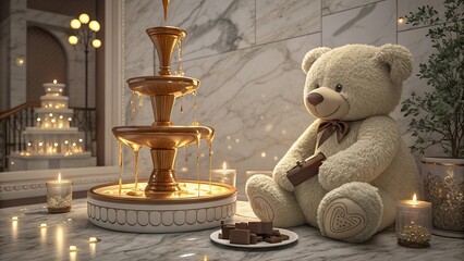 A teddy bear sitting elegantly beside a fountain of sparkling light creating a fairytale dreamy scenery ideal for enchanting happy birthday celebration artwork and magical party scenes.
