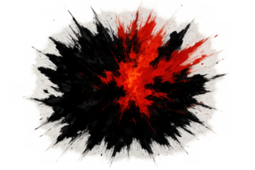 Dynamic black and red ink splatter creating a vibrant explosion of color and energy on transparent background
