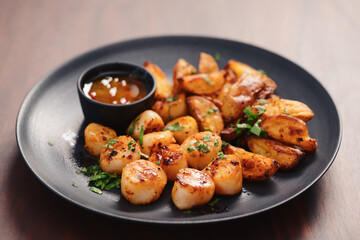 Seared scallops fith roasted potatoes on black plate closeup