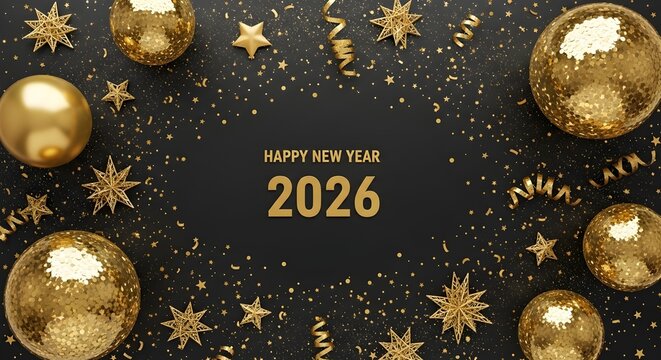 Celebrate Happy New Year 2026 with festive gold confetti and elegant star ornaments - Powered by Adobe