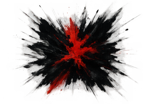 Abstract exploding powder creating vibrant black and red burst, dynamic splash of color and energy, transparent background