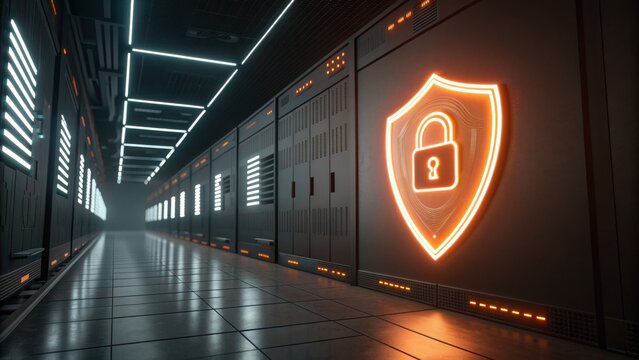 Data Security Visualization: A brightly lit server room corridor is dominated by a luminous shield emblem, embodying digital safety, trust, and secure data storage. 