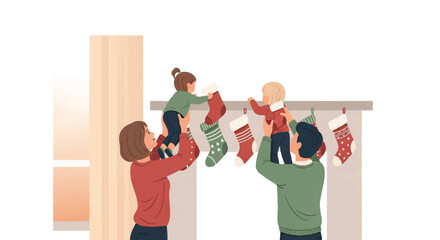 Parents and kids hanging Christmas stockings on the mantelpiece, celebrating a festive family tradition at home. Flat vector illustration