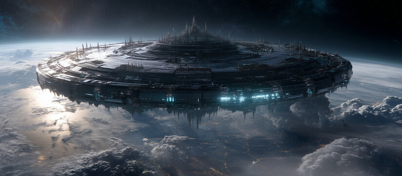 Stunning futuristic space station hovering above Earth, a testament to human innovation, technology, and exploration, perfect for science fiction concepts