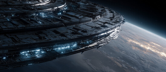 Futuristic space station orbiting Earth offers a glimpse into advanced technology and interstellar travel, sparking imagination for innovation and exploration