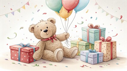 A whimsical birthday themed setup with a teddy bear balloons bright colors and joyful decorations making a lively playful happy birthday celebration scene for children parties and fun times.
