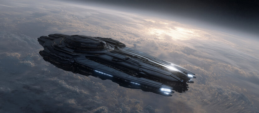Futuristic spacecraft soaring above Earth's atmosphere, a captivating vision of interstellar travel and space exploration, sparking imagination and adventure - Powered by Adobe