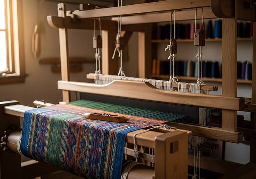 Vintage Loom Weaving Colorful Textile in Workshop.