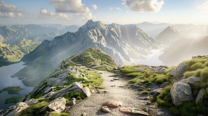 A rugged mountain scene with a winding trail leading to the peaks, sunny skies, & water below