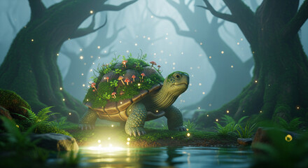 giant turtle in a fantasy forest setting.