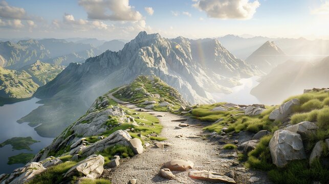 A rugged mountain scene with a winding trail leading to the peaks, sunny skies, & water below - Powered by Adobe
