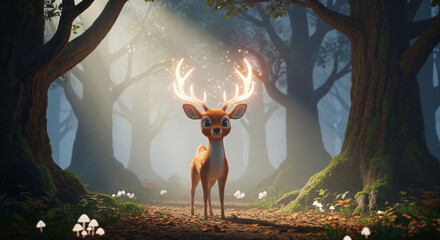 illustration of a deer with glowing antlers in a forest environment. 