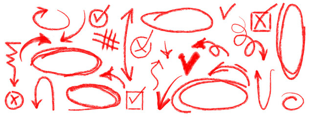 vector illustration of an abstract red background, Red brush underline element, underline grunge shape isolated. transparent background chalked arrows, check marks. Red pencil hand drawn various oval © dieno production