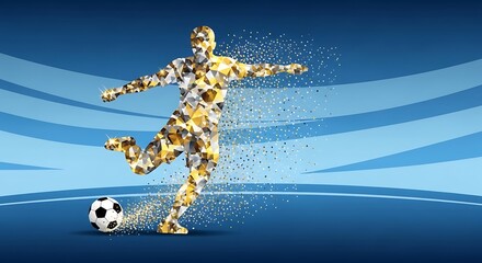 Digital soccer player kicking ball with particle effect on blue background.