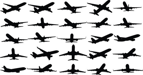 Black silhouette vector collection of commercial airplanes, flying aircraft set, aviation transport icons, passenger jet shapes isolated on white background.