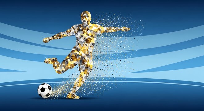 Digital soccer player kicking ball with particle effect on blue background.