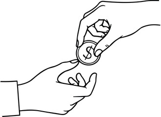 Hand giving and receiving money coin outline illustration, financial exchange concept minimal line art, economic transaction symbol, cad drawing flat vector illustration