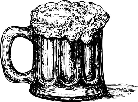 Beer mug with foam depicted in vintage handdrawn style. Black and white engraving vector illustration.