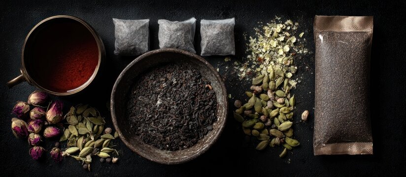Aromatic Tea Composition - Cup, Spices, and Tea Bags on Dark Surface. - Powered by Adobe