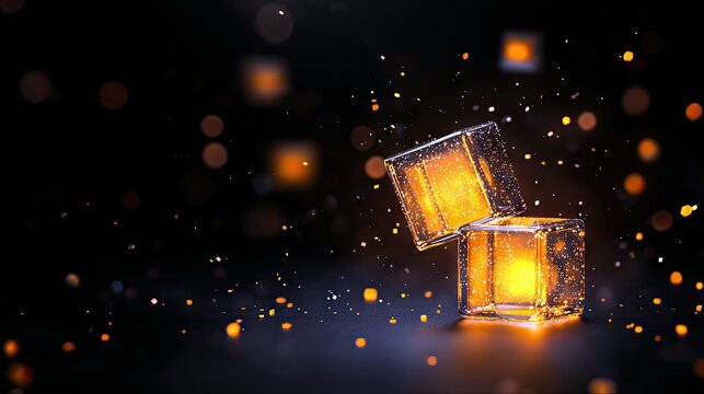 A transparent glass cube, open like a box, reveals a bright, fiery orange glow within, with small sparks and bokeh lights scattered around.
