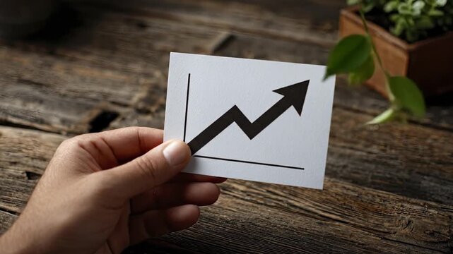 A hand holds a white card showing a black upward-trending line graph against a rustic wooden table A small green plant in a wooden pot is visible in the blurred background