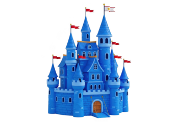 Whimsical blue castle miniature model fairy tale inspired architecture fantasy dreamland structure theme park icon transparent background