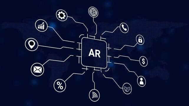 Augmented Reality Technology Network Diagram with Connected Icons on Digital World Map Background image